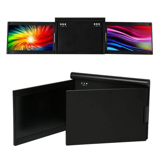 Black electronic device with colorful screens on a white background