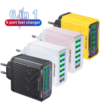 6-port USB fast charger with multiple colors on a white background