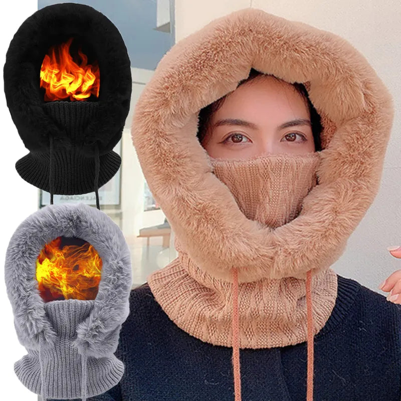 Person wearing a beige knitted cowl with flame design, with additional black and gray versions shown.