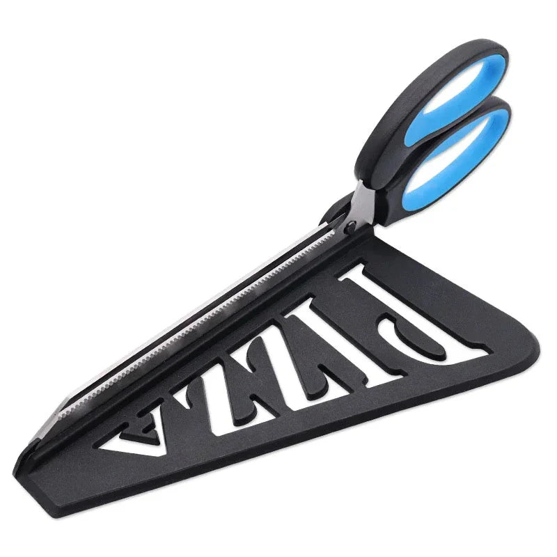 Scissors with black handles and a metal stand on a white background