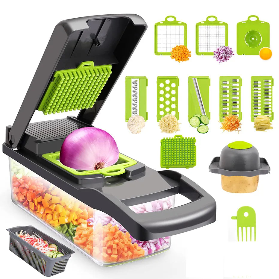 Multifunctional kitchen slicer with various attachments and chopped vegetables displayed.