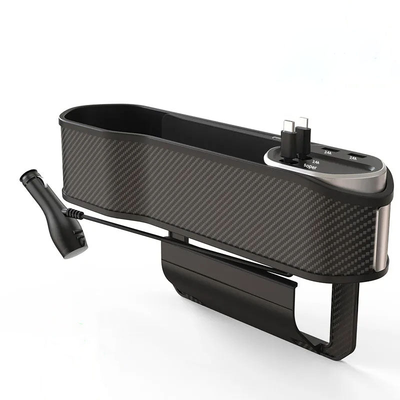 Black car cup holder with charging ports on a white background
