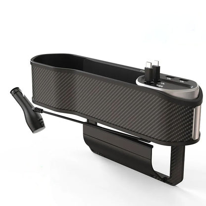 Black car cup holder with charging ports on a white background