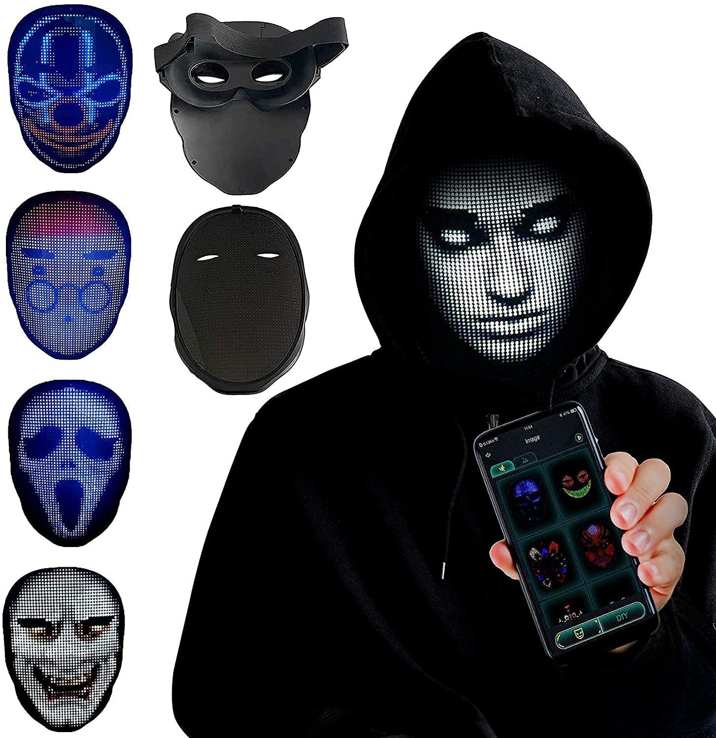 Person wearing a black LED mask with smartphone displaying mask options on a white background