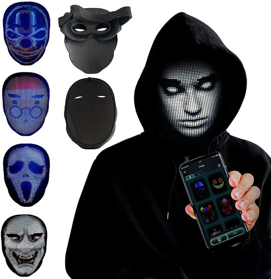 Person wearing a black LED mask with smartphone displaying mask options on a white background