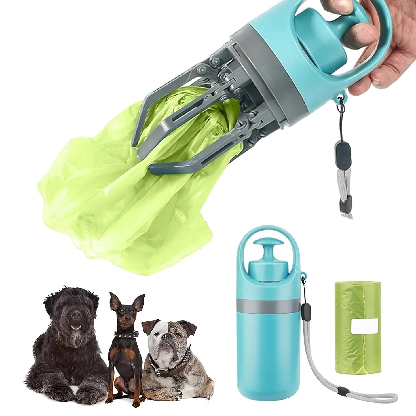 Pet waste bag dispenser with a green bag, a blue bottle, and three dogs on a white background.
