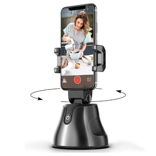 Phone holder with a smartphone displaying a cooking tutorial on a white background