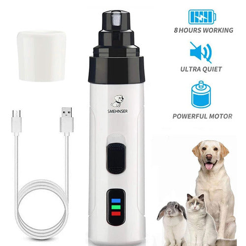 Pet grooming tool with USB cable, featuring Smehnser branding, on a white background.