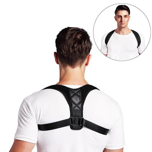 Man wearing a black posture corrector with an inset showing a close-up of the device.