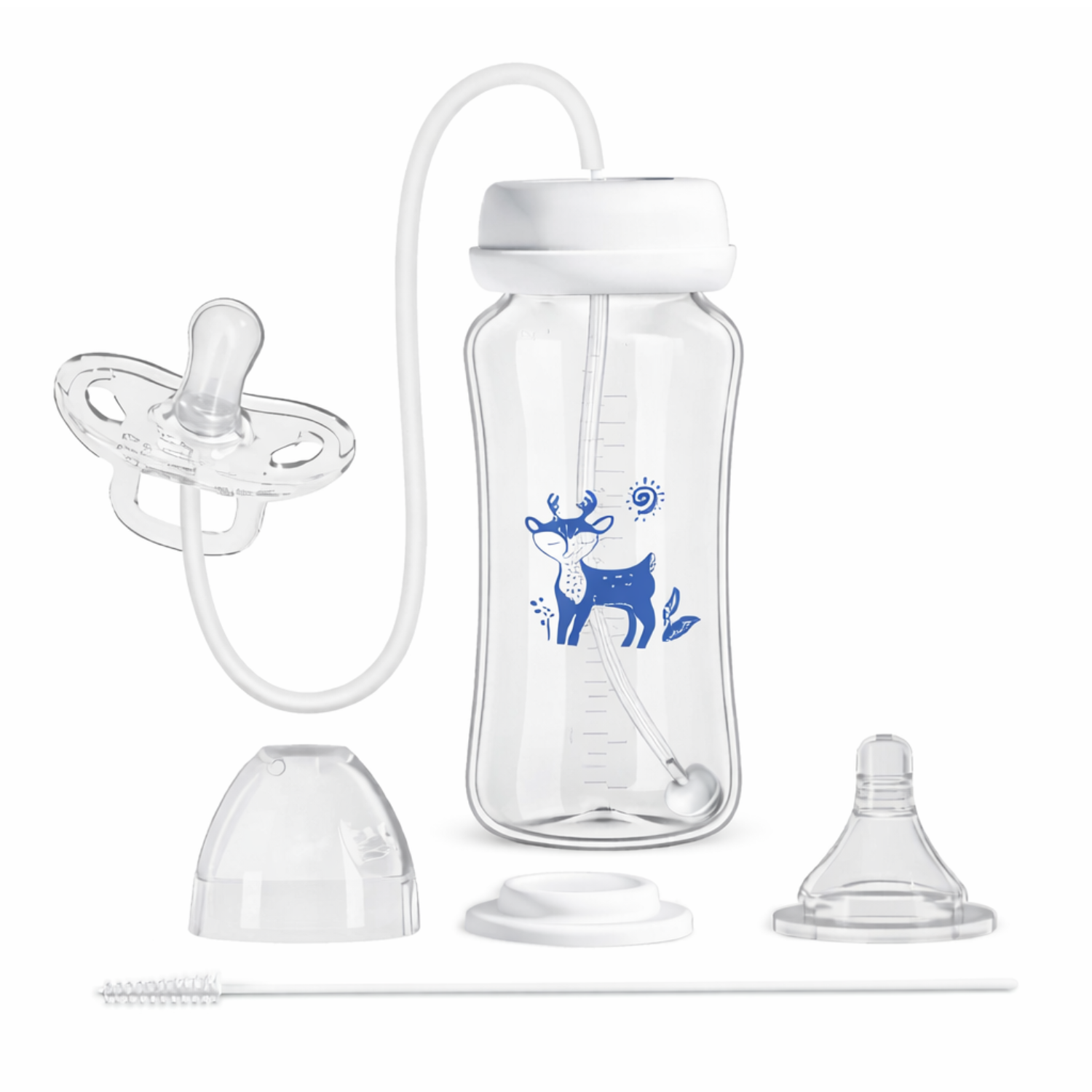 Baby bottle set with accessories on a white background