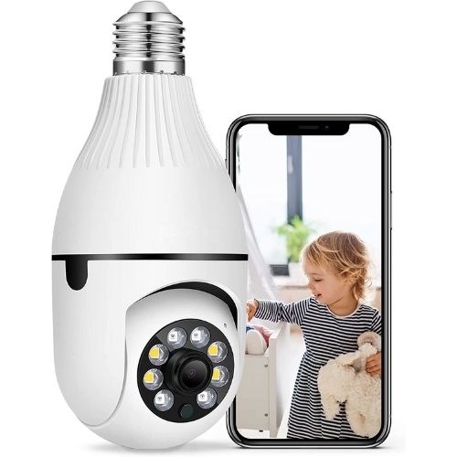 Smart light bulb with camera and smartphone displaying a child in a crib.