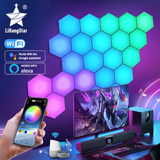Hexagonal LED lights with smartphone control and gaming setup on a purple background