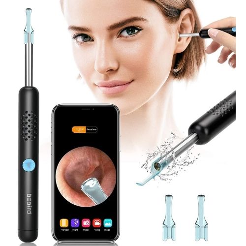 Ear cleaning tool set with smartphone app, ear inspection, and attachments displayed.