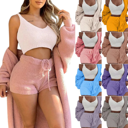 Woman wearing a pink loungewear set with multiple color options displayed below.