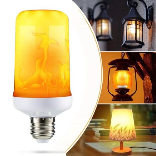 Flame-shaped LED light bulb with decorative applications on a white background
