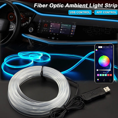 Fiber optic ambient light strip with USB control and app control displayed on a car dashboard.