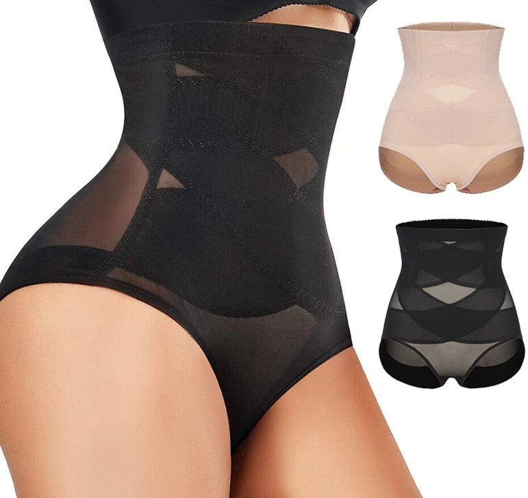 Black shapewear bodysuit with inset images of beige and black styles on a white background