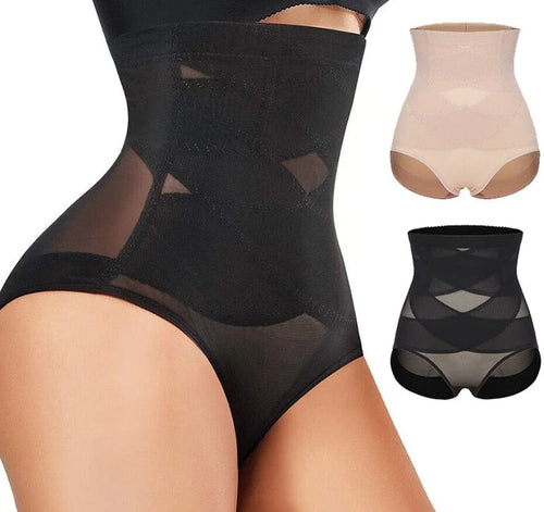 Black shapewear bodysuit with inset images of beige and black styles on a white background