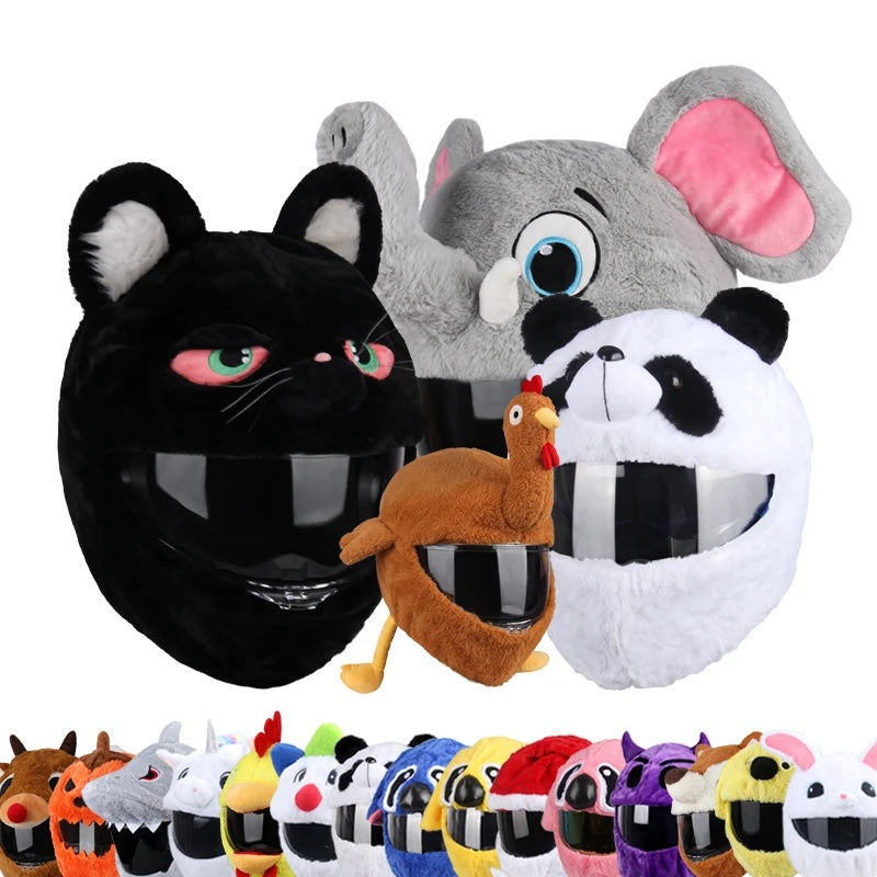 Plush animal head costumes in various colors on a white background