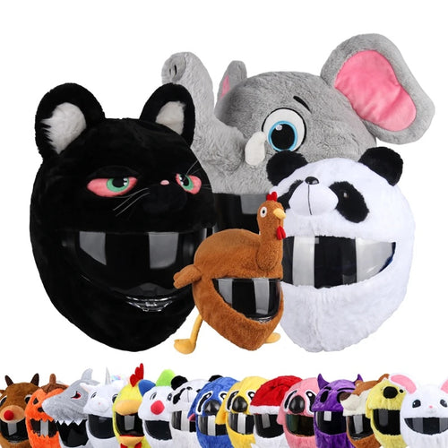 Plush animal head costumes in various colors on a white background