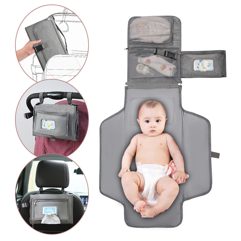 Portable changing pad with a baby sitting on it, surrounded by additional views of the product.