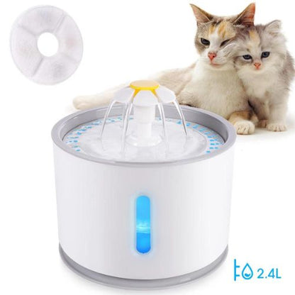 Pet water fountain with two cats sitting next to it on a white background