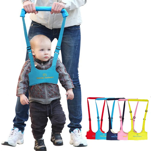 Child wearing a blue walking aid with a person holding it, and additional colors of the walking aid displayed below.