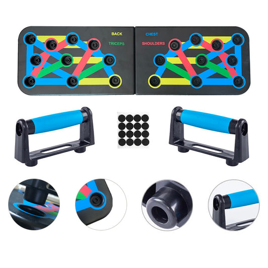 Fitness equipment set with adjustable resistance bands and attachment points for different muscle groups.