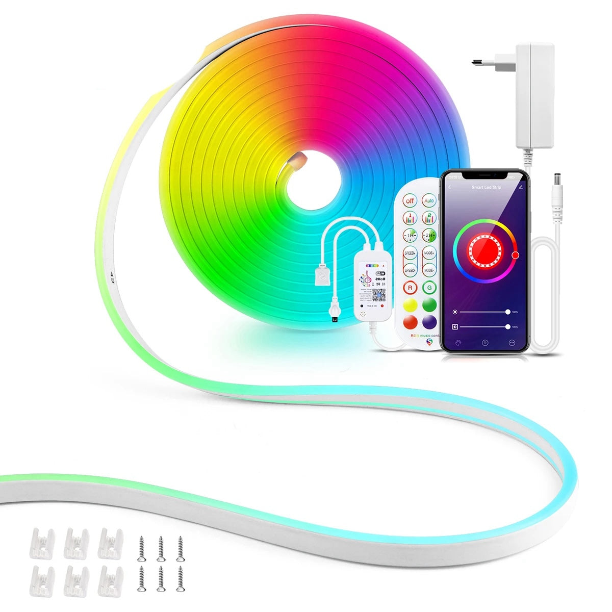 RGB LED strip light set with remote control and smartphone app on a white background