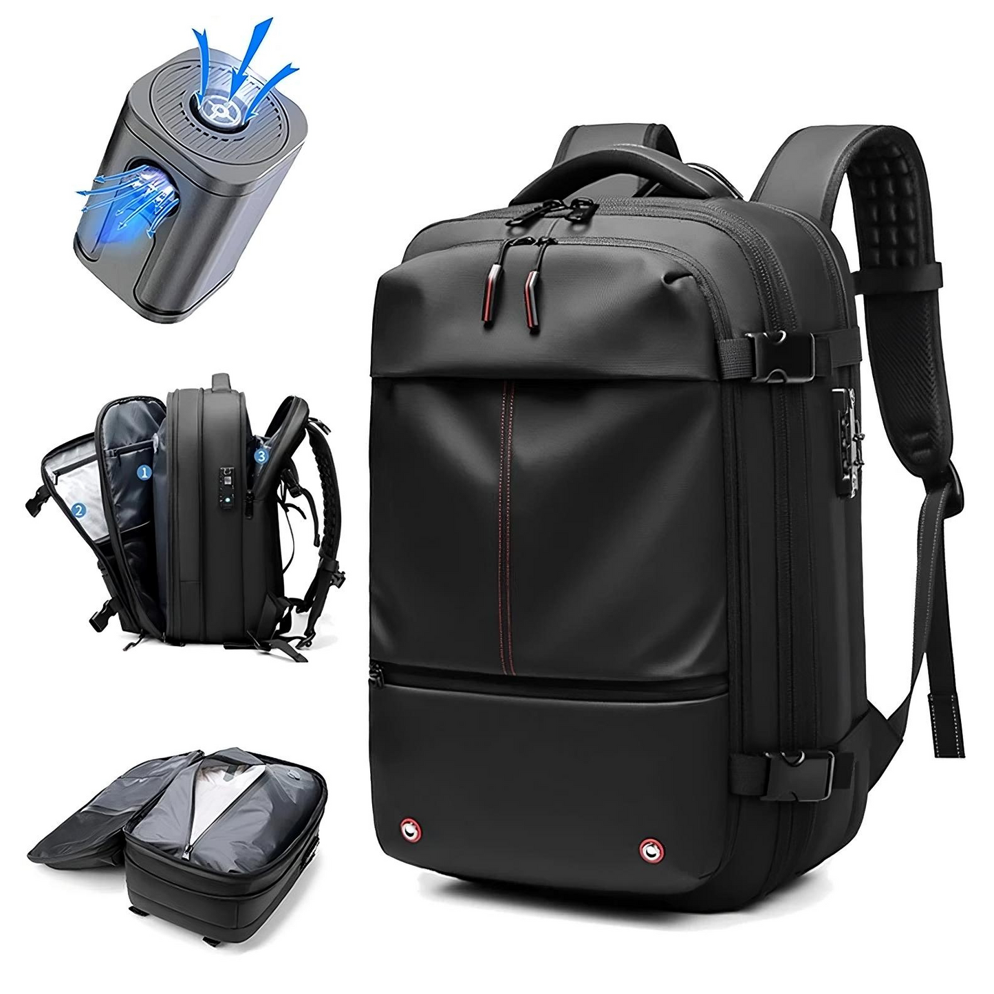 Black backpack with multiple compartments and a small device on a white background