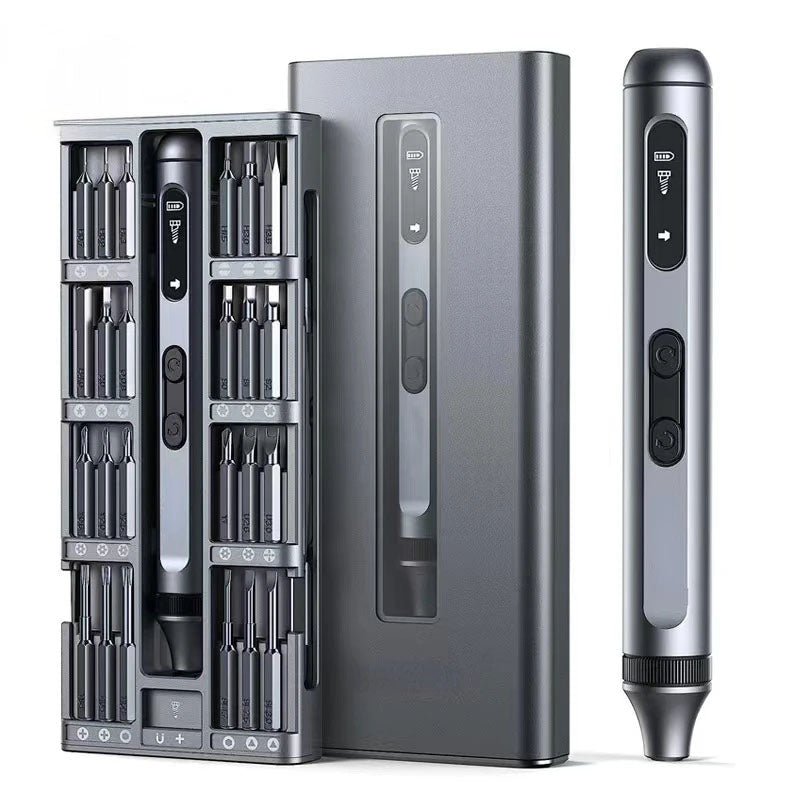 Smart pen with digital display and interchangeable bits in a case on a white background