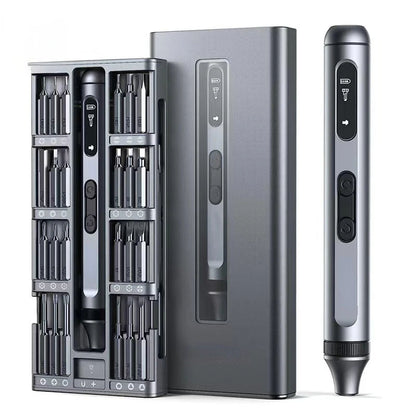 Smart pen with digital display and interchangeable bits in a case on a white background