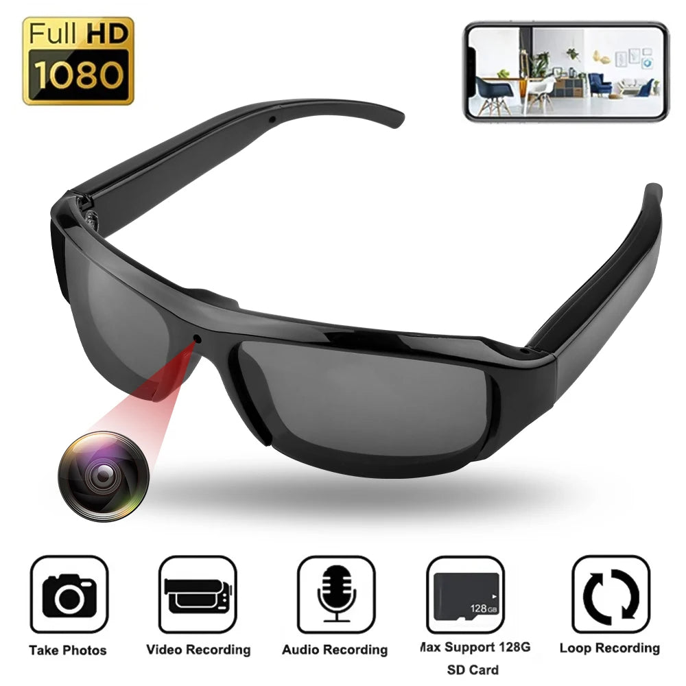 Sunglasses with hidden camera and recording features on a white background