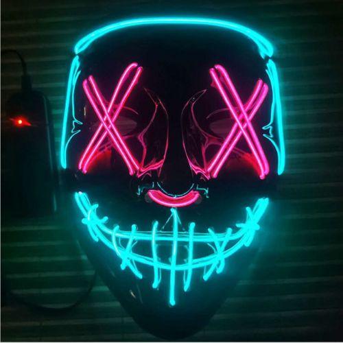 Neon LED mask with glowing pink 'XX' and blue smiley face design on a dark background.