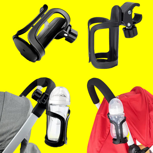 Black stroller cup holders with bottles attached on a white background