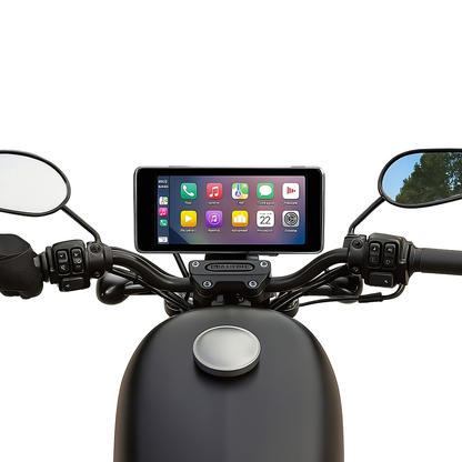 Motorcycle handlebar with a touchscreen display on a white background