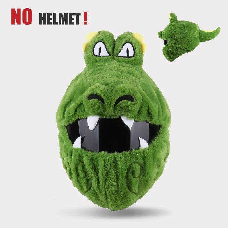 Green plush toy with a face and 'No Helmet!' text on a light gray background