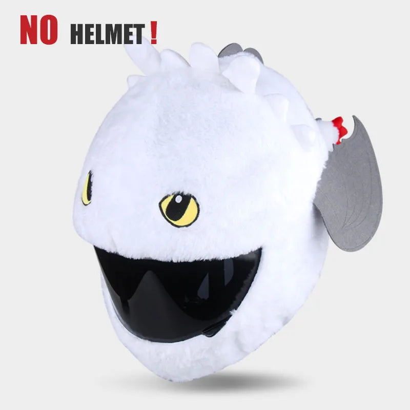 White plush dragon toy wearing a black helmet with 'NO HELMET!' text above.