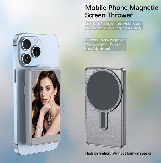 Mobile phone magnetic screen thrower with smartphone display and mirror attachment on a gradient background.