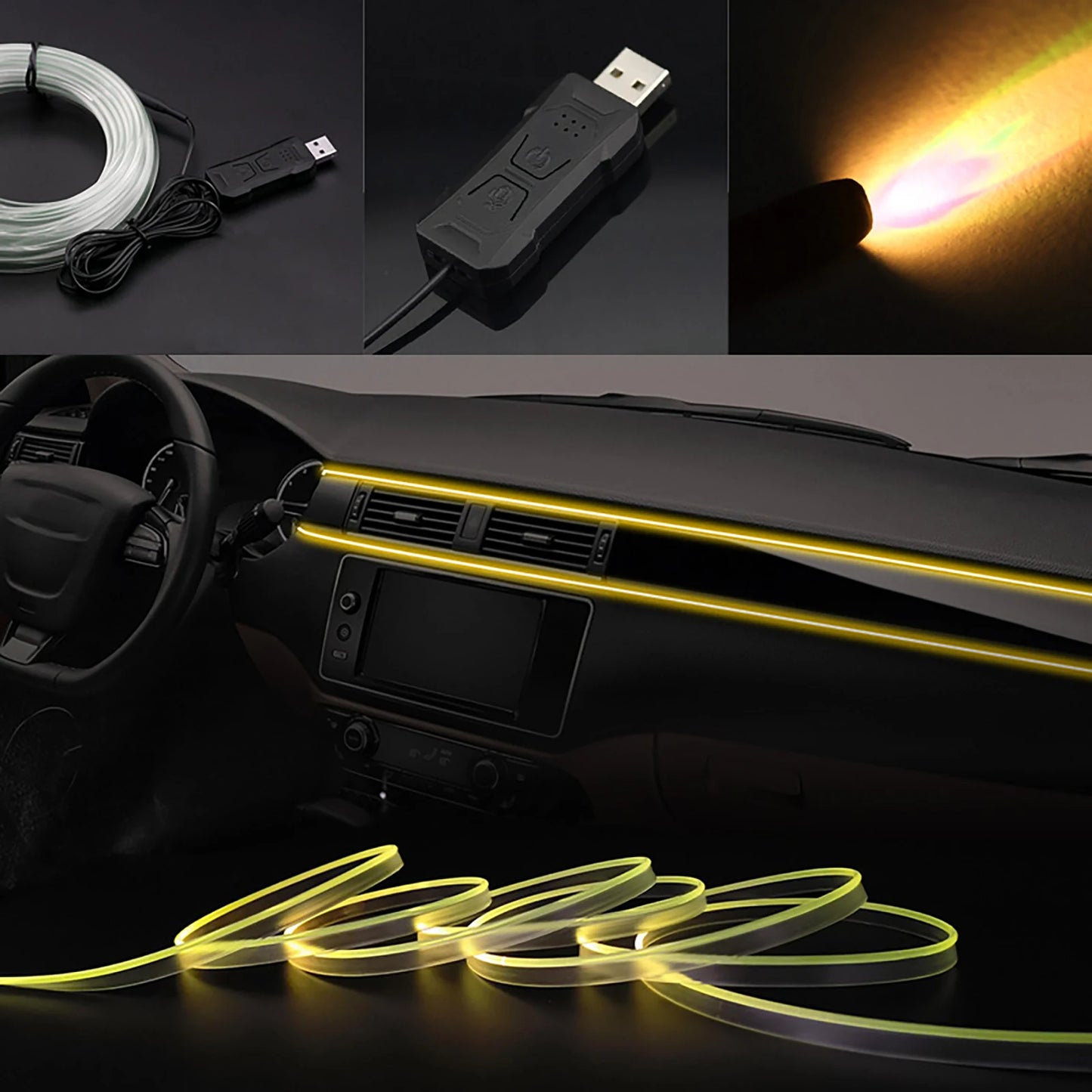 Car interior with yellow LED strip lights, USB cable, and light bulb on a dark background.