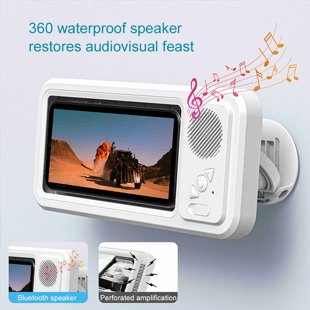 360 waterproof speaker with screen and audiovisual features on a light blue background