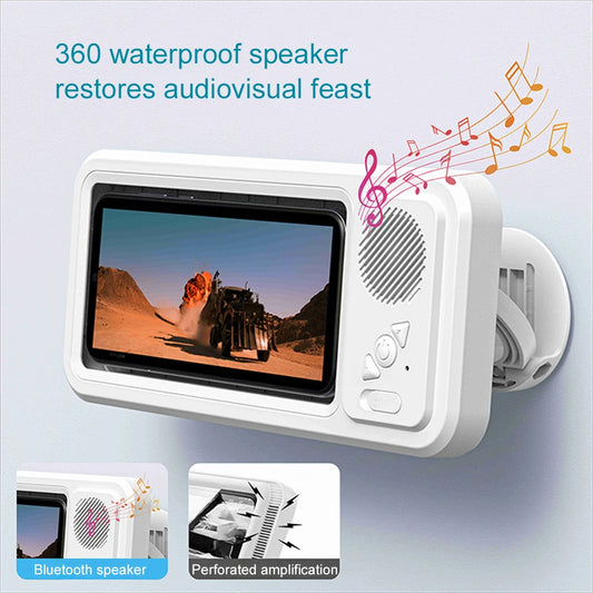 360 waterproof speaker with screen and audiovisual features on a light blue background