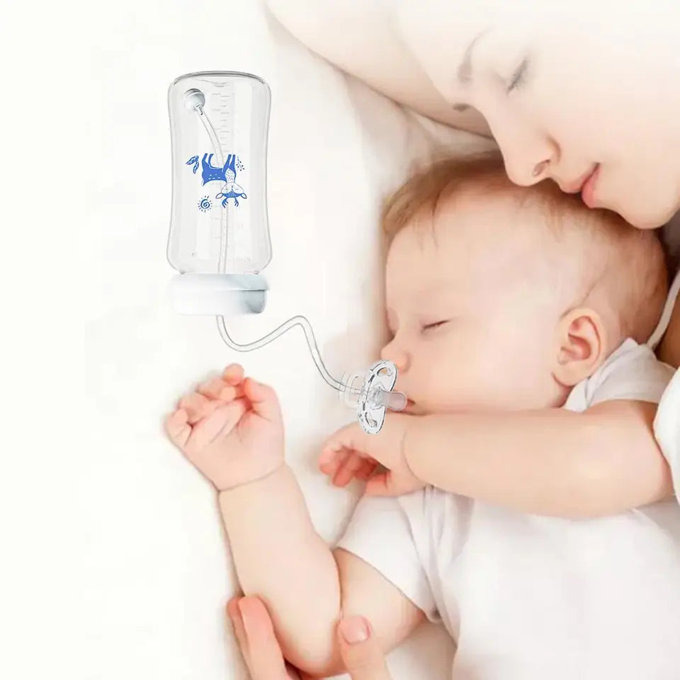 Baby sleeping peacefully with a pacifier and a bottle in the background