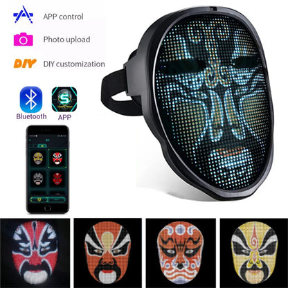 LED mask with smartphone app control and preloaded designs on a white background