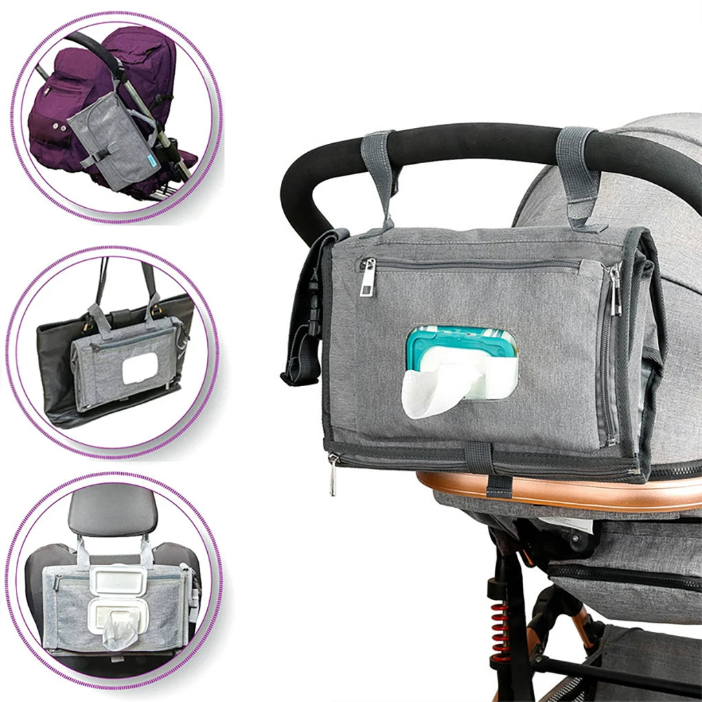 Gray stroller organizer with pouches attached to a stroller, with close-up insets showing different uses.