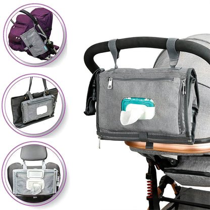 Gray stroller organizer with pouches attached to a stroller, with close-up insets showing different uses.