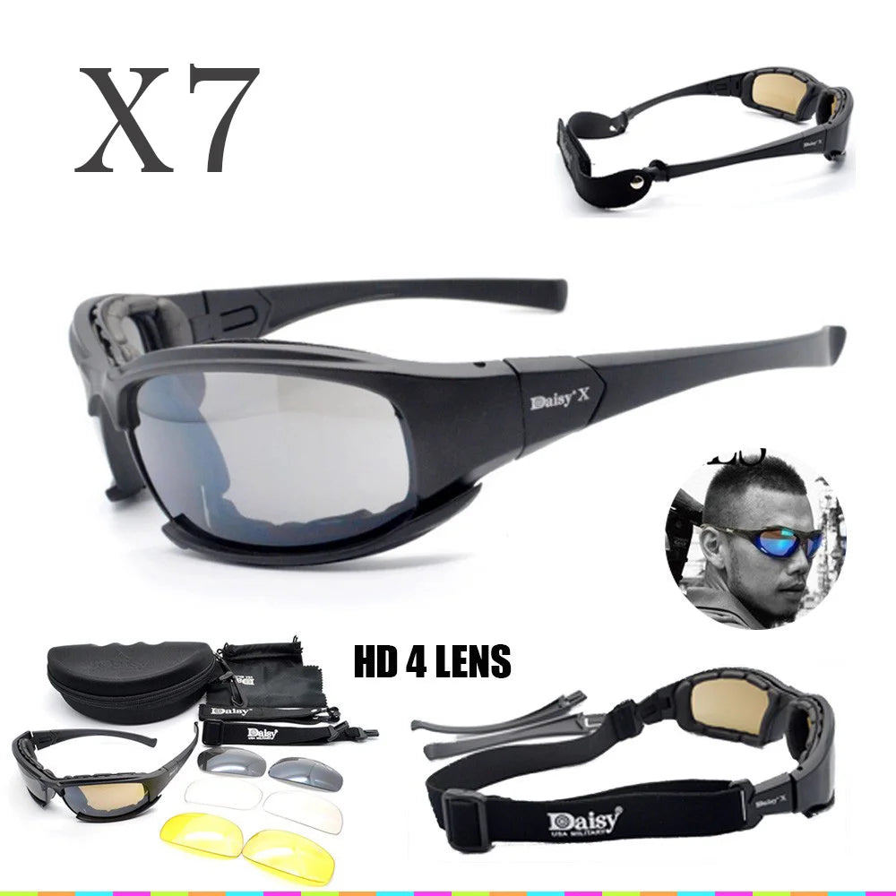 Black sunglasses with interchangeable lenses and accessories on a white background