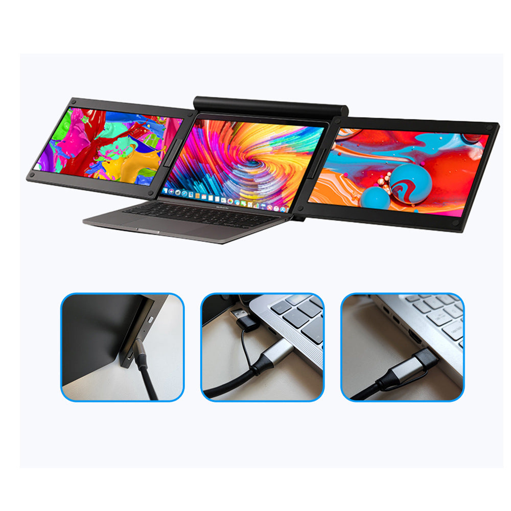 Three laptop screens displaying colorful wallpapers with a close-up of a USB cable connected to a laptop.