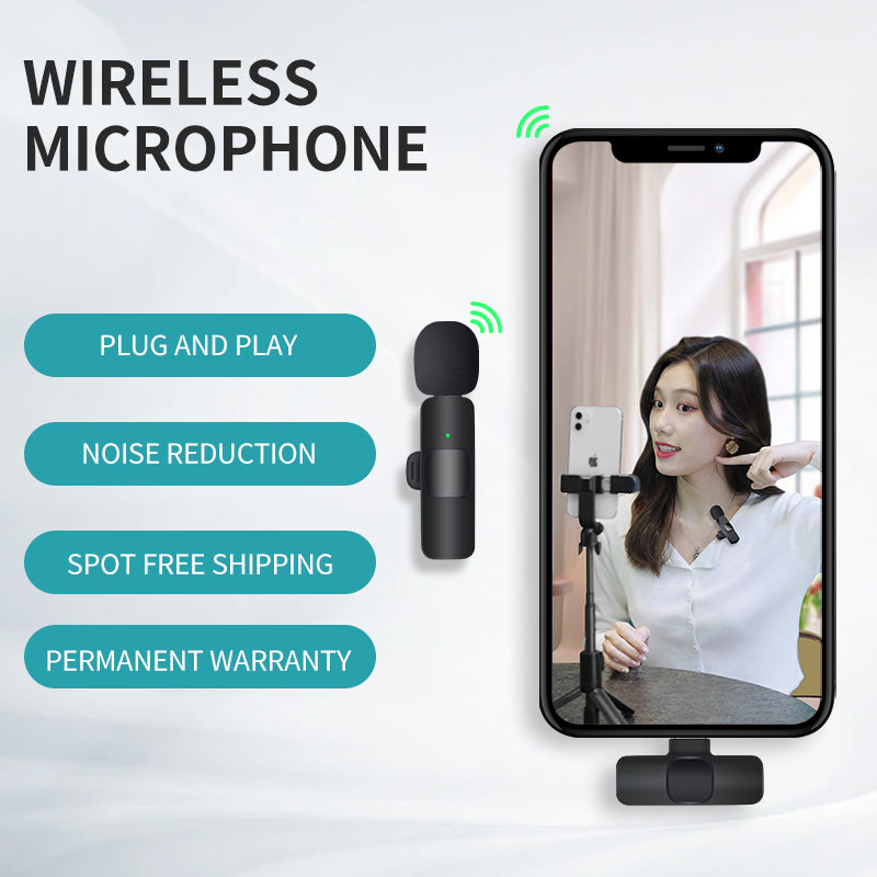 Wireless microphone with smartphone and woman on screen, features listed on a white background