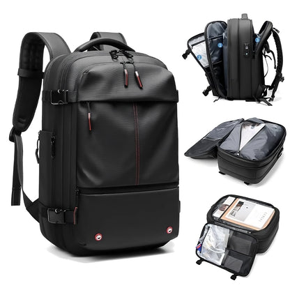 Black backpack with multiple compartments and a visible brand logo on a white background